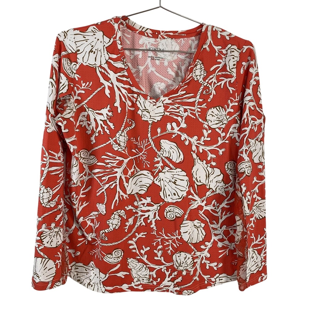 Icikuls Shirt Womens Large Red Seashell Coral V Neck Long Sleeve Mesh Print